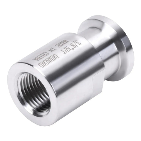 One Half Inch Tri Clamp Adapter To Three Eighths Inch FNPT Thread Ferrule Sanitary Pipe Fitting In Stainless Steel 304 close-up view