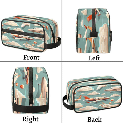 Air Travel Ready Cosmetic Bag For Women, Waterproof Makeup Organizer Pouch in airplane print, front, left, right, back