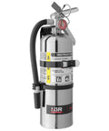 Hardcore Five Pound ABC Fire Extinguisher for Vehicle Marine Home Use, chrome finish with mounting bracket and safety instructions.