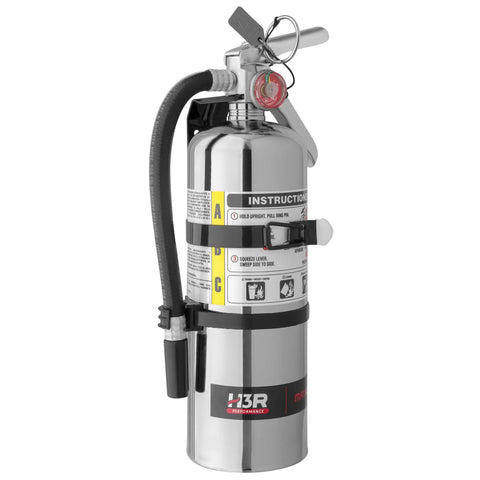 Hardcore Five Pound ABC Fire Extinguisher for Vehicle Marine Home Use, chrome finish with mounting bracket and safety instructions.