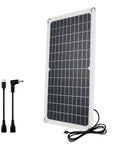 15W Flexible Waterproof Solar Panel USB C Charger With Micro USB And Barrel Port, shown with cables