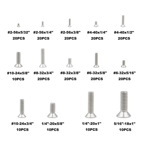 Premium 304 Stainless Steel Phillips Flat Head Machine Screw Assortment Pack with various sizes in plastic tray.