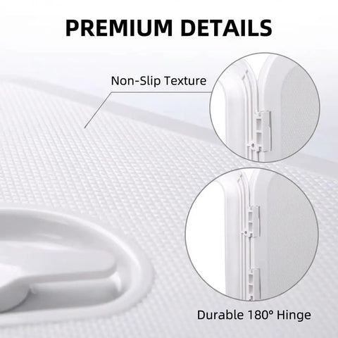 Top Shelf Marine Deck Hatch For Boating And Jon Boats, Heavy Duty Weather Beater Access Door With Non Slip Grip, Zero Hassle Setup Below Deck Storage Entry White close-up showing non-slip texture and durable 180-degree hinge details.