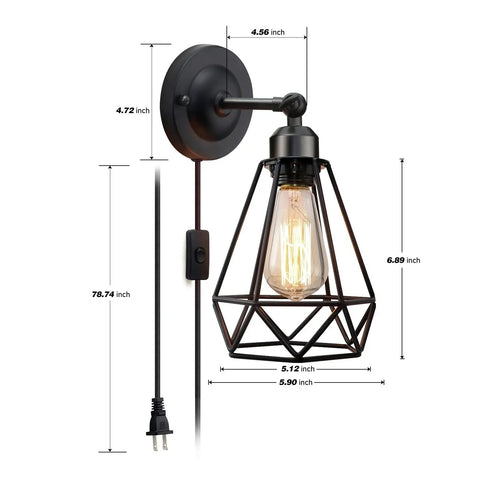 Plug In Wall Sconce Set With Wire Cage, Industrial Rustic Vintage Look, Adjustable Wall Light With On Off Switch, 2 Pack