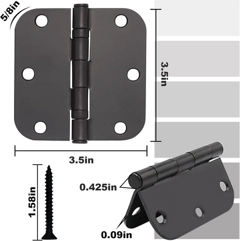 Matte Black Door Hinges 3.5 By 3.5 Inch Heavy Duty Interior Hinge Set, 5/8 Inch Radius, with dimensions and screw.