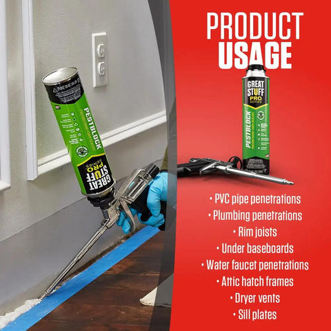 Pestblock Complete Kit For Sealing Gaps Up To 3 Inches With Insulating Expanding Foam Sealant Gun in use on baseboard