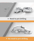 Comparison of cabinet hinges, showing pre-drilled and no pre-drill installation for 4 Pack 90 Degree Soft Close Cabinet Hinges No Pre drilled Noiseless Hidden Concealed Hardware Set 4 Inch Normal Type Nickel Plated Cold Rolled Steel Durable Easy Install for Kitchen Cabinets and Home Furniture.
