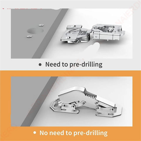 Comparison of cabinet hinges, showing pre-drilled and no pre-drill installation for 4 Pack 90 Degree Soft Close Cabinet Hinges No Pre drilled Noiseless Hidden Concealed Hardware Set 4 Inch Normal Type Nickel Plated Cold Rolled Steel Durable Easy Install for Kitchen Cabinets and Home Furniture.