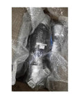 Front view of ZGHQHCDRH electric proportional valve DN40 in bubble wrap, black body with blue connector