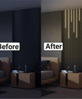 Before and after of Black LED Recessed Lighting Kit With Dope 8 Piece 3000K Warm White Wall Panel Lights installed on wood slat wall