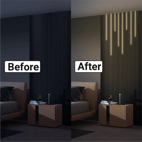 Before and after of Black LED Recessed Lighting Kit With Dope 8 Piece 3000K Warm White Wall Panel Lights installed on wood slat wall
