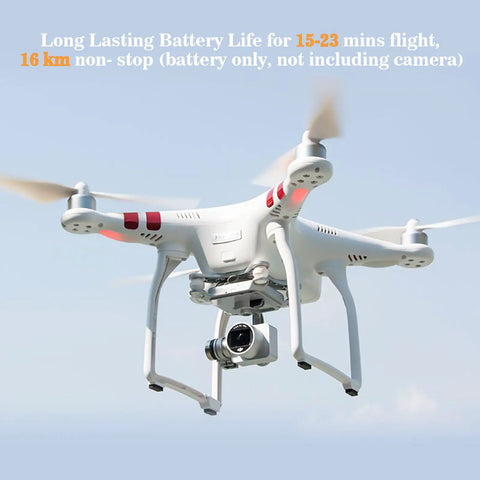 Drone flying with Phantom 3 Replacement Intelligent Flight Battery Two Pack 15.2V 4480mAh 68Wh Extended Power in sky.