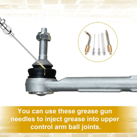 Five Piece Grease Gun Needle Tip Adapter Kit With Straight And Bend Nozzles, Two Replacement Needles, Coupler Adapter With Cover installed in ball joint