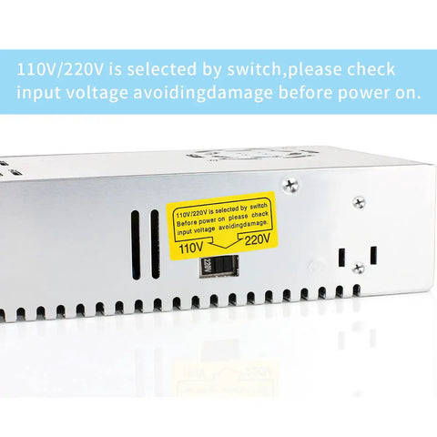 Close-up of 12V 30A 360W Universal Power Supply Adapter switch with 110V 220V AC input, showing voltage selector and warning label.