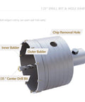Beefed Up 15 Piece Concrete Hole Saw Kit With SDS Plus Shank showing components like inner balder and chip removal hole.