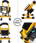 JUDYSSY Portable Led Floodlight Rechargeable Battery shown in 360° view, highlighting 30W 800Lm construction light features.