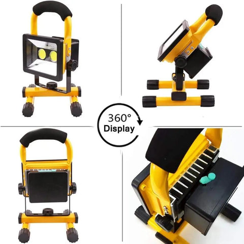 JUDYSSY Portable Led Floodlight Rechargeable Battery shown in 360° view, highlighting 30W 800Lm construction light features.