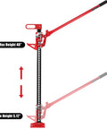 48 Inch Heavy Duty Farm Jack with 7000 Lb Lifting Capacity showing max and min height adjustments, red steel