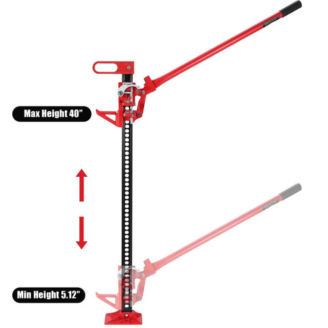 48 Inch Heavy Duty Farm Jack with 7000 Lb Lifting Capacity showing max and min height adjustments, red steel