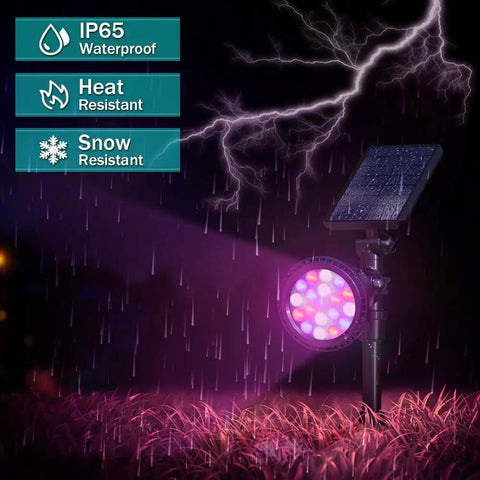 Solar Outdoor Lights With 9 Modes Color Changing 18 LED Spotlight emphasizing waterproof feature with solar panel in action.