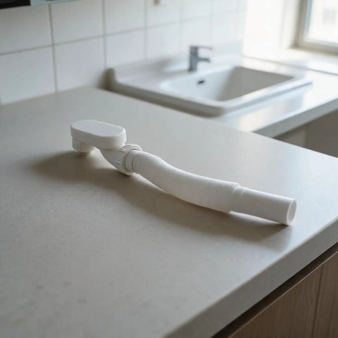 G1-1/2 Flat Bathtub Drain Pipe Kit Flexible Waste Pipe for Freestanding Tub Low Profile P-Trap White 92cm on a countertop.