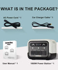 Package contents of Beefy 1800W Portable Power Station With 1024Wh LiFePO4 Battery, including power cords, user manual, and station.