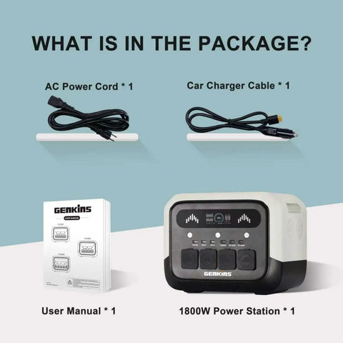 Package contents of Beefy 1800W Portable Power Station With 1024Wh LiFePO4 Battery, including power cords, user manual, and station.