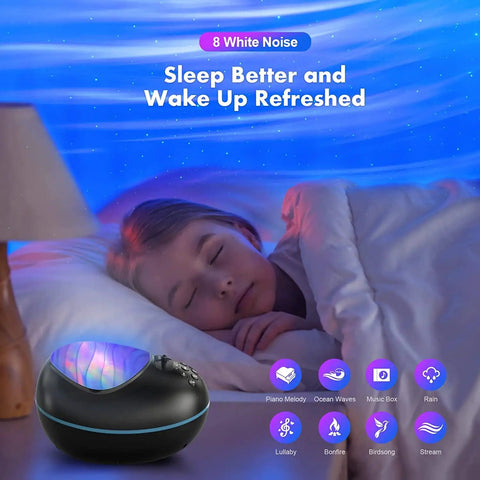 Aurora 4 In 1 Galaxy Star Projector With Bluetooth Speaker, Night Light, White Noise Sleep Aid creating relaxing stars and aurora.
