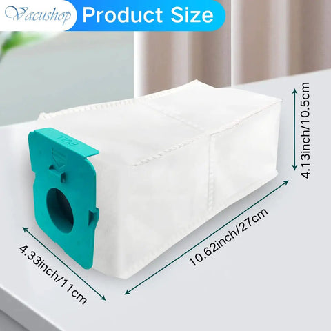 Product size description of a dust bag replacement for Samsung VCA-ADB95 BESPOKE Jet cordless stick vacuum, turquoise seal.