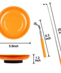 Magnetic Parts Tray Set With Two Magnetic Bowls And Telescopic Magnetic Pick Up Tool For Easy Garage Organization Holds Nuts And Bolts And Small Parts Reaches Up To 25.3 Inches Keeps Your Tools Neat And Ready. Image showing dimensions of the orange magnetic bowl and telescopic tool.
