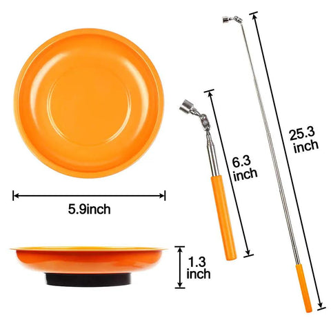 Magnetic Parts Tray Set With Two Magnetic Bowls And Telescopic Magnetic Pick Up Tool For Easy Garage Organization Holds Nuts And Bolts And Small Parts Reaches Up To 25.3 Inches Keeps Your Tools Neat And Ready. Image showing dimensions of the orange magnetic bowl and telescopic tool.