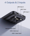 Two Pack Heavy Duty 10000mAh Portable Charger Power Bank Featuring Integrated Lightning And Usb C Cables Fast Charge ports and connectors view.