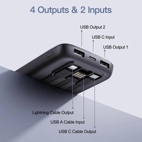 Two Pack Heavy Duty 10000mAh Portable Charger Power Bank Featuring Integrated Lightning And Usb C Cables Fast Charge ports and connectors view.