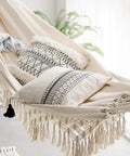 Handmade Cotton Woven Hammock Chair With Rope Swing And Crochet Fringe For Indoor Outdoor Patio Backyard Garden Boho Vibes.