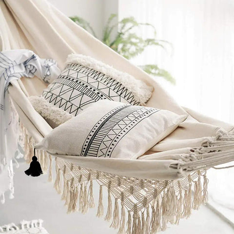 Handmade Cotton Woven Hammock Chair With Rope Swing And Crochet Fringe For Indoor Outdoor Patio Backyard Garden Boho Vibes.