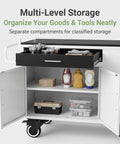 Kickass Heavy Duty Mobile Vendor Cart With Wide Shelter Canopy And Lockable Swivel Wheels Portable Black Food Display Stand showcasing multi-level storage with compartmentalized drawers and shelves.