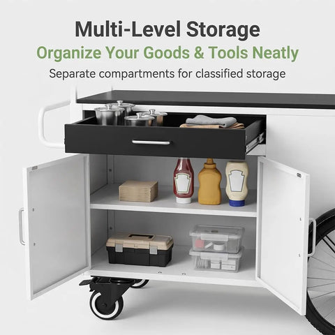 Kickass Heavy Duty Mobile Vendor Cart With Wide Shelter Canopy And Lockable Swivel Wheels Portable Black Food Display Stand showcasing multi-level storage with compartmentalized drawers and shelves.