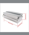 18 Inch Stainless Steel Portable Toolbox With Folding Cantilever Frame And Three Smooth Glide Trays side view with measurements.