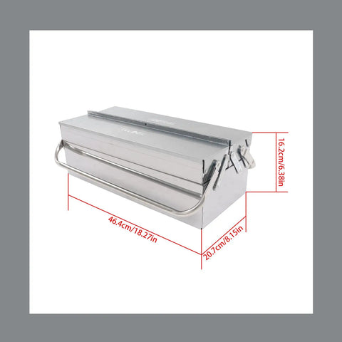 18 Inch Stainless Steel Portable Toolbox With Folding Cantilever Frame And Three Smooth Glide Trays side view with measurements.