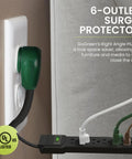 2.5 Ft Surge Protector With 6 Outlets And Right Angle Plug in use near a wall socket, showcasing its space-saving design.