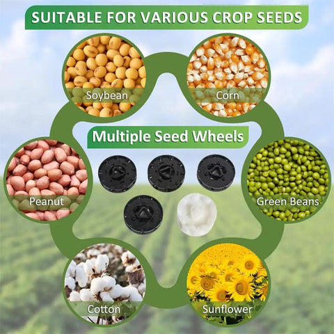 Push Garden Seeder With Dual Seed And Fertilizer Buckets Hand Powered Roller 10 Hole Design for various crops like soybeans, corn, cotton.