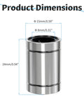 4 Pack LM8UU Linear Ball Bearings 8mm ID By 15mm OD By 24mm Length With Double Seal shown with product dimensions