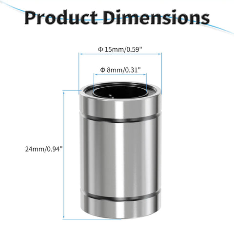 4 Pack LM8UU Linear Ball Bearings 8mm ID By 15mm OD By 24mm Length With Double Seal shown with product dimensions