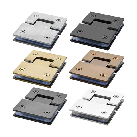 Heavy Duty Shower Screen Hinges With 180 Degree Pivot Clip For Bathroom Glass Doors in various finishes and sizes.