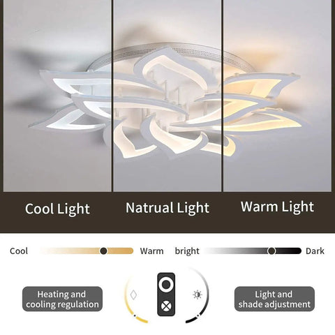 Dimmable LED Ceiling Light with Remote Control showing cool, natural, warm lighting options, flower shape, 72W, ultra bright.