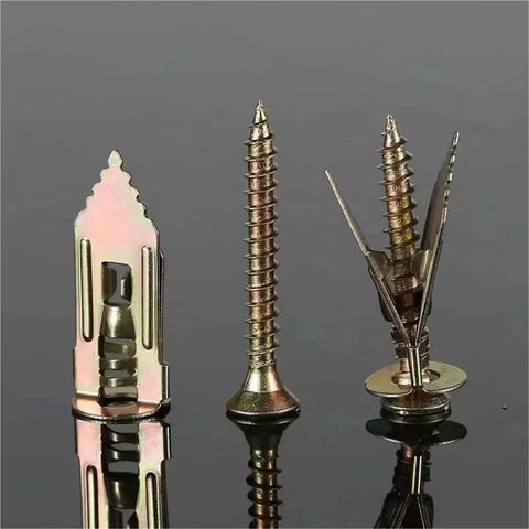 Heavy Duty Wood Screw And Drywall Anchor Kit With Self Drilling Expansion Screws For Gypsum Board Yellow Zinc Plated Rust Resistant And Easy No Prep Install For Strong Wall Mounts, close-up of anchors and screws