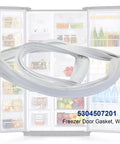 Universal Freezer Door Gasket Replacement 5304507201 displayed on open refrigerator with visible food items.