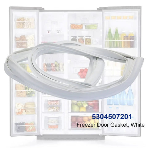 Universal Freezer Door Gasket Replacement 5304507201 displayed on open refrigerator with visible food items.