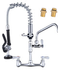 Commercial Wall Mount Kitchen Faucet With Pre Rinse Sprayer 21 Inch Height 8 Inch Center 10 Inch Add On Swing Spout Coiled Spring