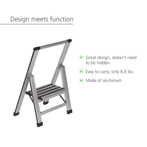 Workhorse Aluminum 1 Step Folding Ladder With Wide Anti Slip Steps And Safety Latch Lightweight Heavy Duty Step Stool That Holds Up To 330 Lbs For Indoor And Outdoor Use Rust Proof Build White, standing upright with design features highlighted
